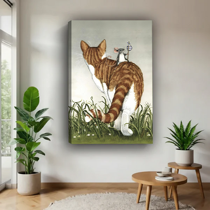 Unframed canvas print of a tabby cat and mouse in tall grass, vintage illustrated wall art for modern living room