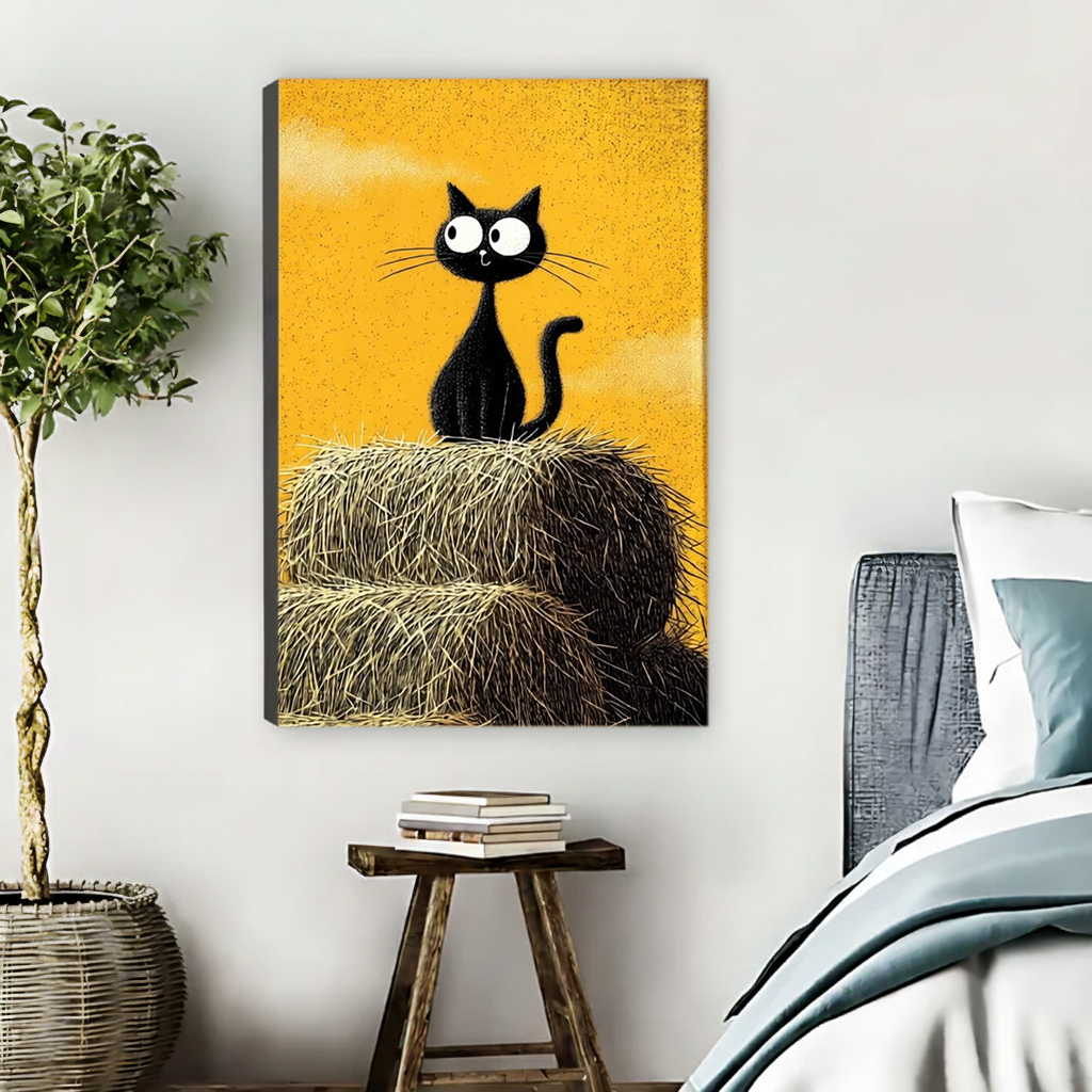 Unframed gallery wrap canvas of whimsical black cat sitting on hay bale golden background
