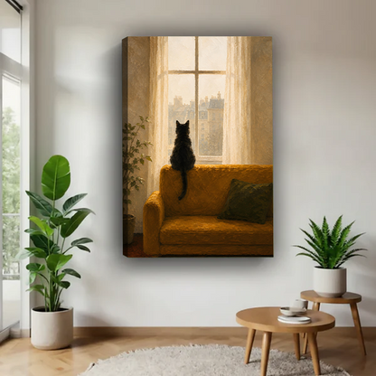 lack cat window oil painting gallery wrap canvas wall art, no frame, warm golden living room