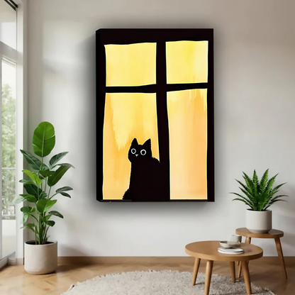 Black cat window silhouette canvas art print – frameless minimalist cat wall decor with amber glow in bright living room with greenery