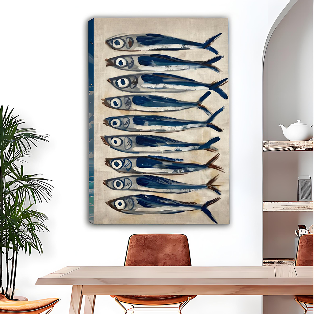 	Blue sardines fish canvas wall art – Mediterranean coastal oil painting style home decor