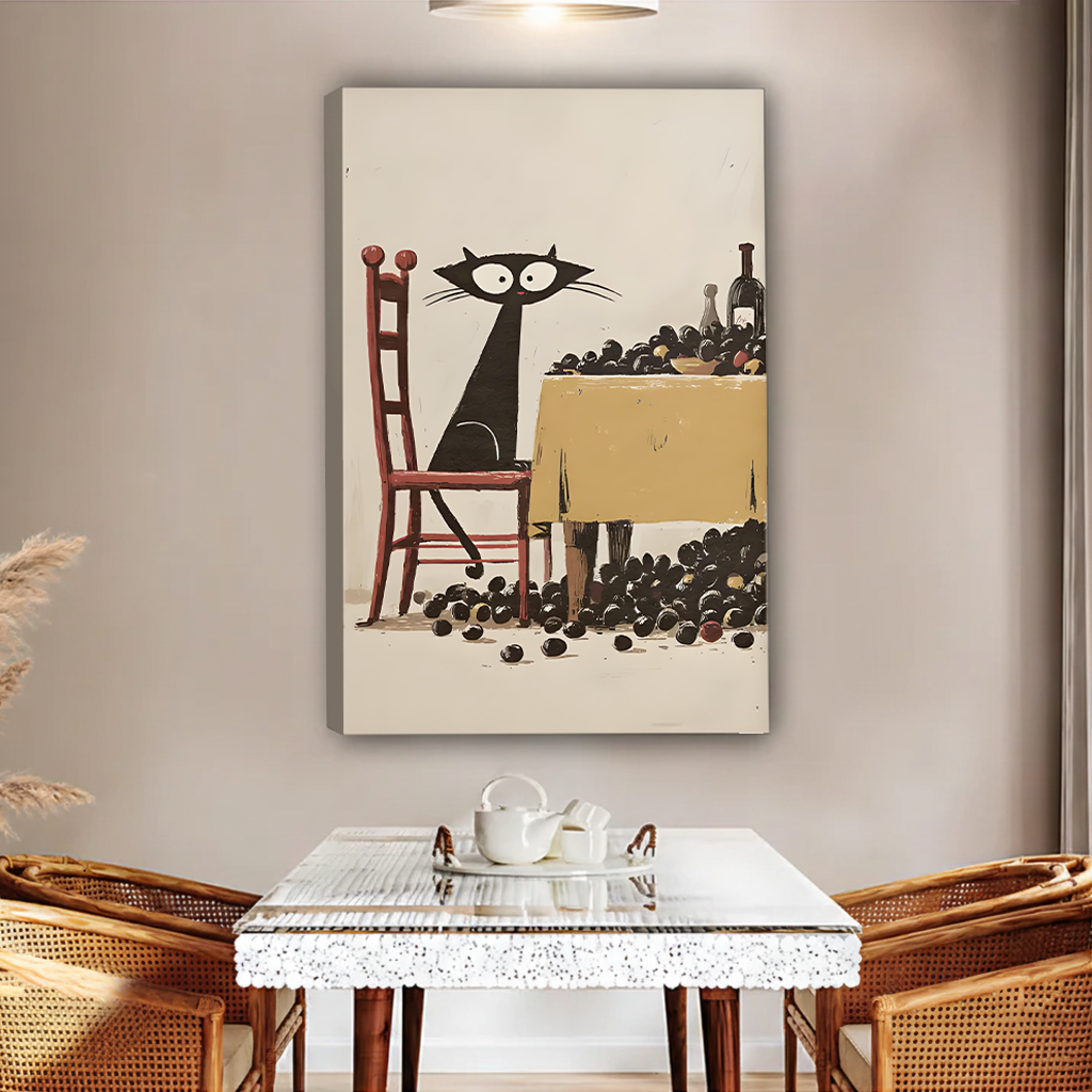 Black cat wine illustration gallery wrap canvas art above rattan dining table in boho room