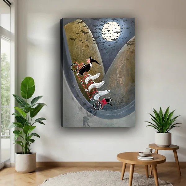 Spooky Witch Ghost Riding Bicycle Canyon Moon Canvas Wall Art
