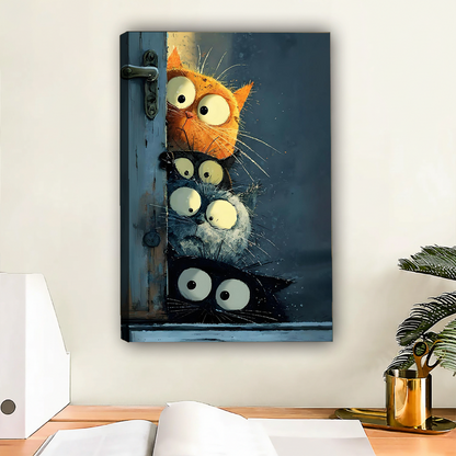 Four curious cats stacked vertically peeking around vintage distressed blue wooden door orange cat on top black cat second grey white cat third black cat at bottom all with wide round eyes funny whimsical oil painting style gallery wrap canvas art displayed on white wall above wooden desk with open notebook white binder and gold pen cup beside dark green palm plant