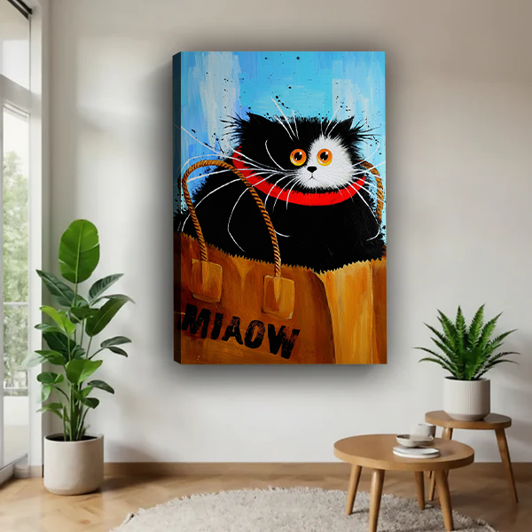 Black and white cat with orange eyes and red collar sitting inside MIAOW kraft paper shopping bag bold oil painting style gallery wrap canvas art displayed on white wall in Scandinavian living room with fiddle leaf fig plant and round wooden coffee table