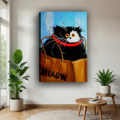Black and white cat with orange eyes and red collar sitting inside MIAOW kraft paper shopping bag bold oil painting style gallery wrap canvas art displayed on white wall in Scandinavian living room with fiddle leaf fig plant and round wooden coffee table