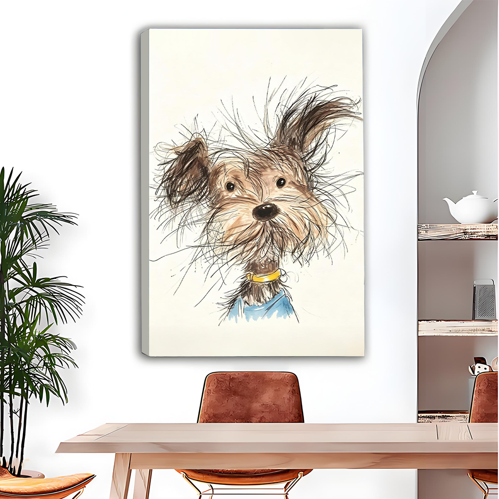 Cute scruffy terrier dog watercolor canvas wall art, frameless gallery wrap, charming sketch portrait, beige background, contemporary dining room setting