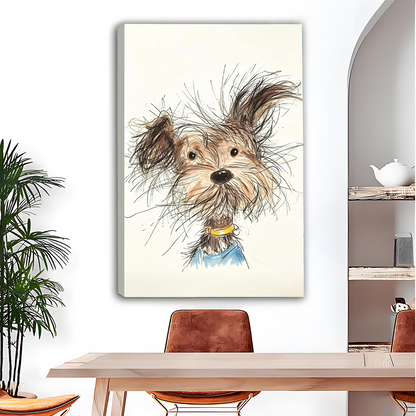 Cute scruffy terrier dog watercolor canvas wall art, frameless gallery wrap, charming sketch portrait, beige background, contemporary dining room setting