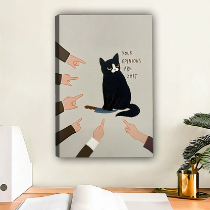 Funny black cat canvas art print without frame above wooden desk – bold sarcastic quote illustration for cat lover home office wall decor