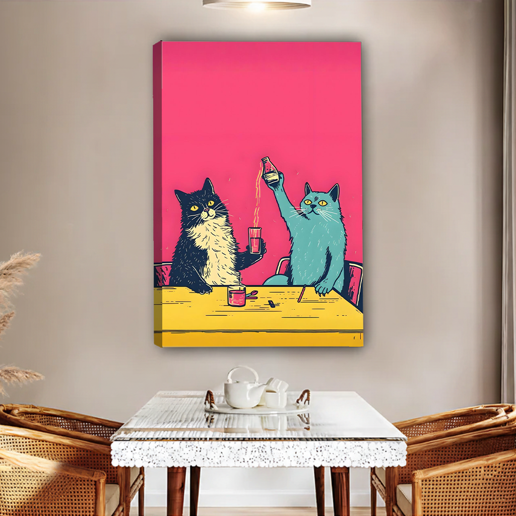 Bold pop art cats celebrating gallery wrap canvas art without frame displayed above glass dining table in pink-toned room