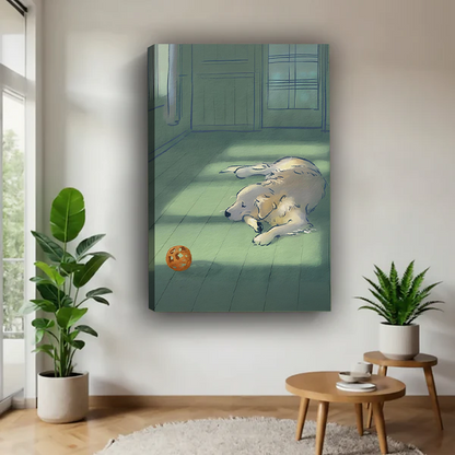 Golden retriever watching cookie on floor illustration gallery wrap canvas wall art, no frame