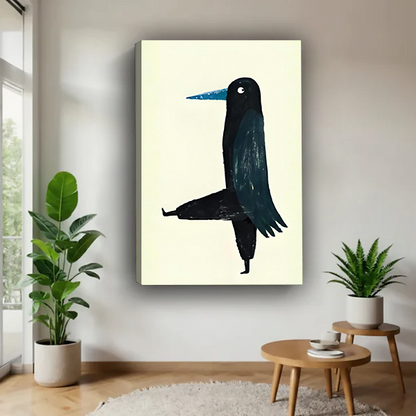 Quirky black crow blue beak gallery wrap canvas art without frame on white wall with tropical plants and round wooden side table