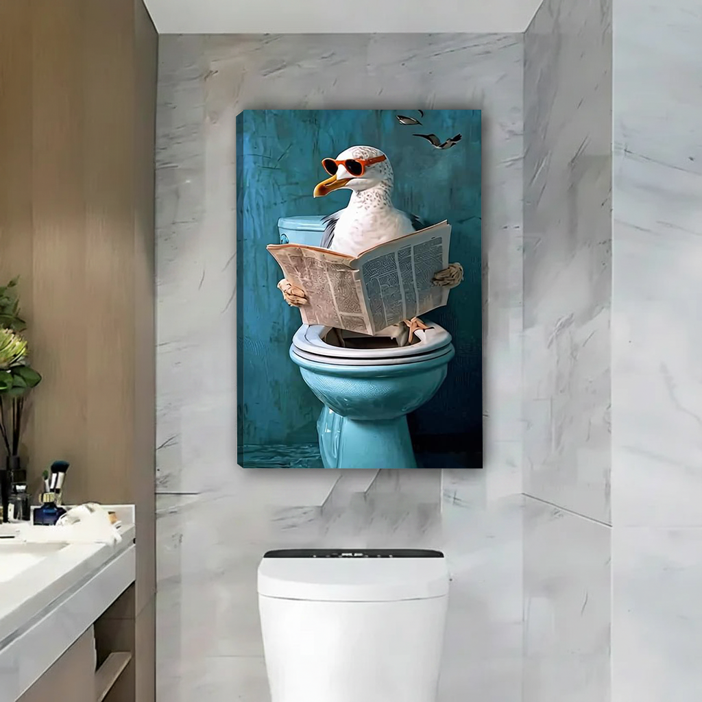 Seagull with sunglasses on toilet canvas art print – frameless funny bathroom wall decor in marble bathroom