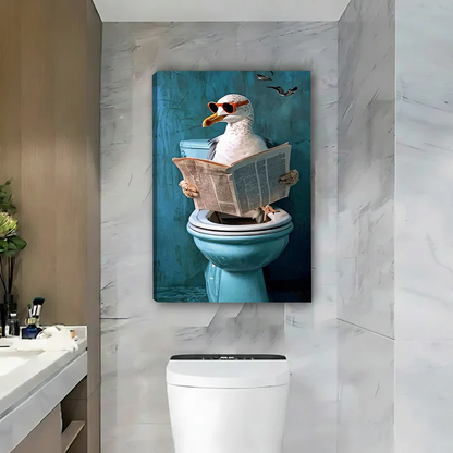 Seagull with sunglasses on toilet canvas art print – frameless funny bathroom wall decor in marble bathroom