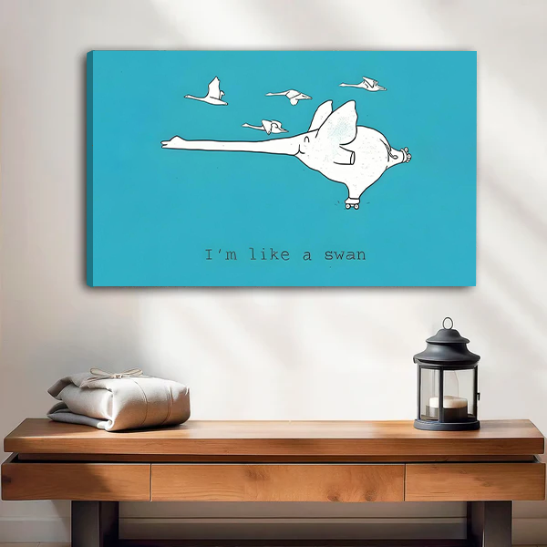 "I'm Like a Swan" humorous pig wall art, frameless gallery wrap canvas, teal quirky animal illustration, living room console decor
