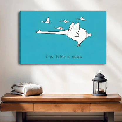 "I'm Like a Swan" humorous pig wall art, frameless gallery wrap canvas, teal quirky animal illustration, living room console decor