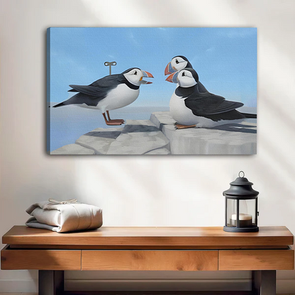 Two puffins on rocky cliff canvas art print – frameless coastal wall decor for living room