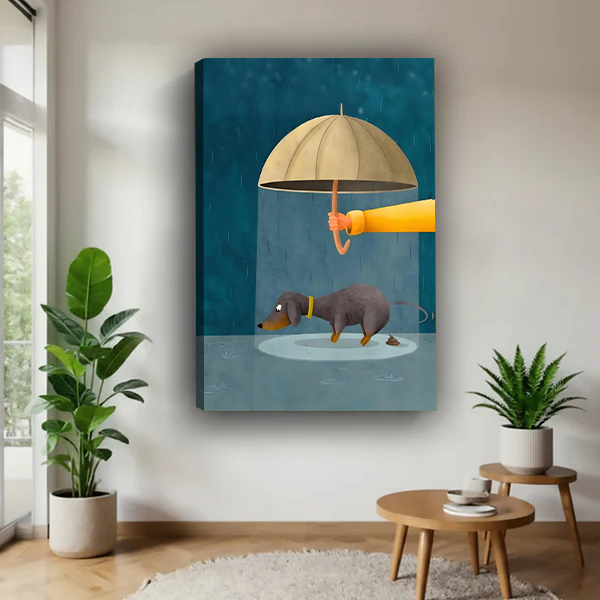 Dachshund in rain under umbrella whimsical illustration gallery wrap canvas wall art in modern living room with tropical plants
