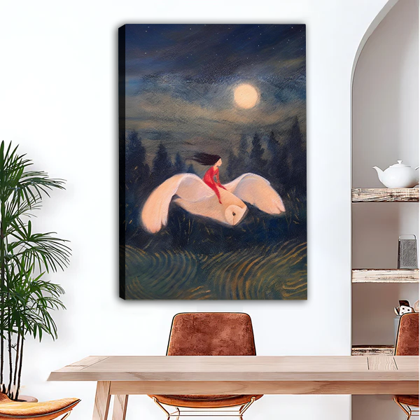 Whimsical girl on white bird moonlight canvas art print, unframed fantasy oil painting wall decor for dining room