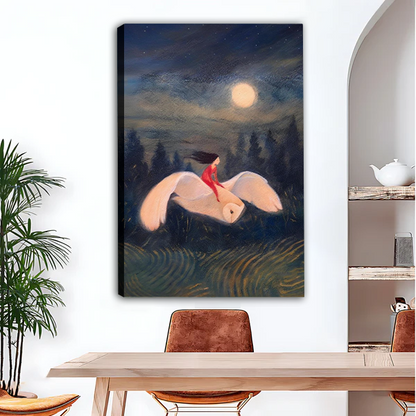 Whimsical girl on white bird moonlight canvas art print, unframed fantasy oil painting wall decor for dining room