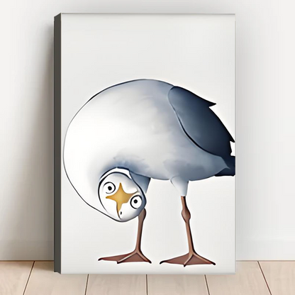 Confused seagull upside-down watercolor gallery wrap canvas art with quirky bent-neck bird leaning against white wall on wood floor