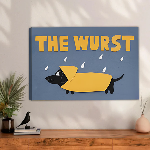 The Wurst funny dachshund yellow raincoat gallery wrap canvas art hung above wooden console table