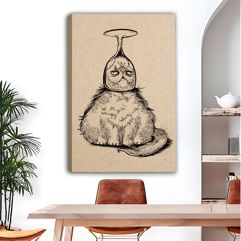 Vintage sketch grumpy cat with wine glass canvas wall art, eclectic dining room print