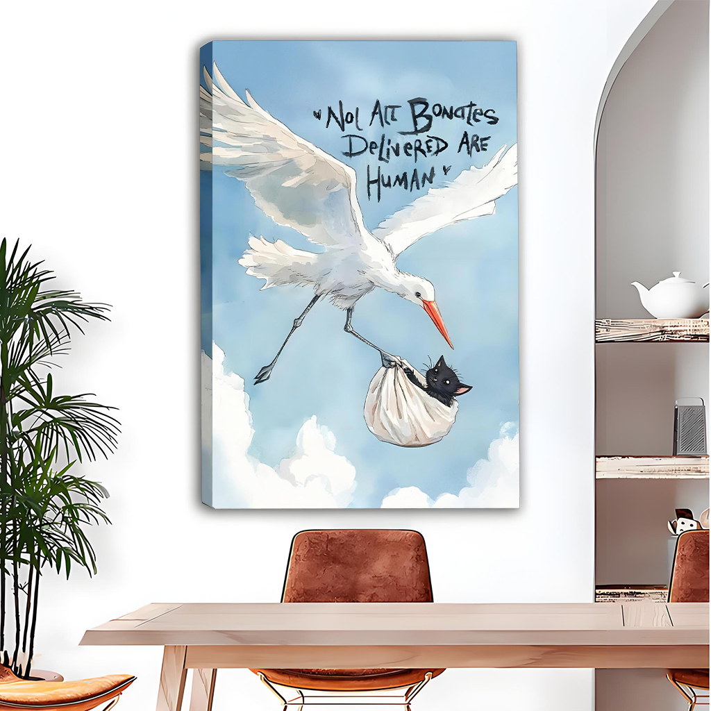 Whimsical stork black cat canvas art print for dining room decor