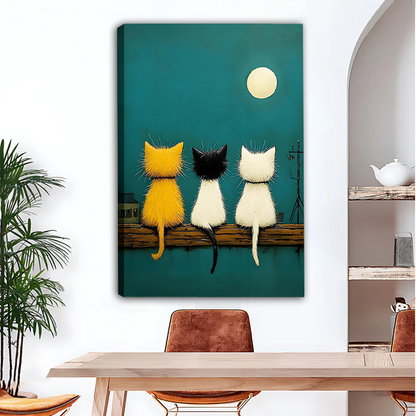 Whimsical yellow black white cats moon night gallery wrap canvas art in dining room