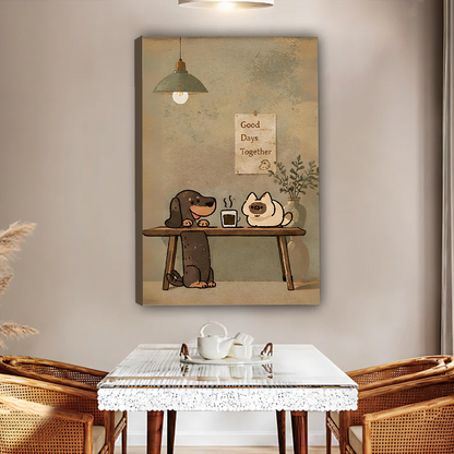 Cute dog and cat coffee cartoon gallery wrap canvas art without frame displayed above glass dining table in warm room