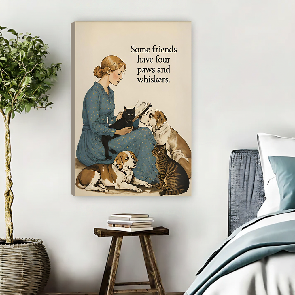 Woman in blue floral dress sitting on floor holding black cat surrounded by beagle dog tabby cat and golden retriever vintage watercolor illustration with four paws whiskers quote gallery wrap canvas art displayed on white wall above rustic wooden stool with stacked books beside teal bedding
