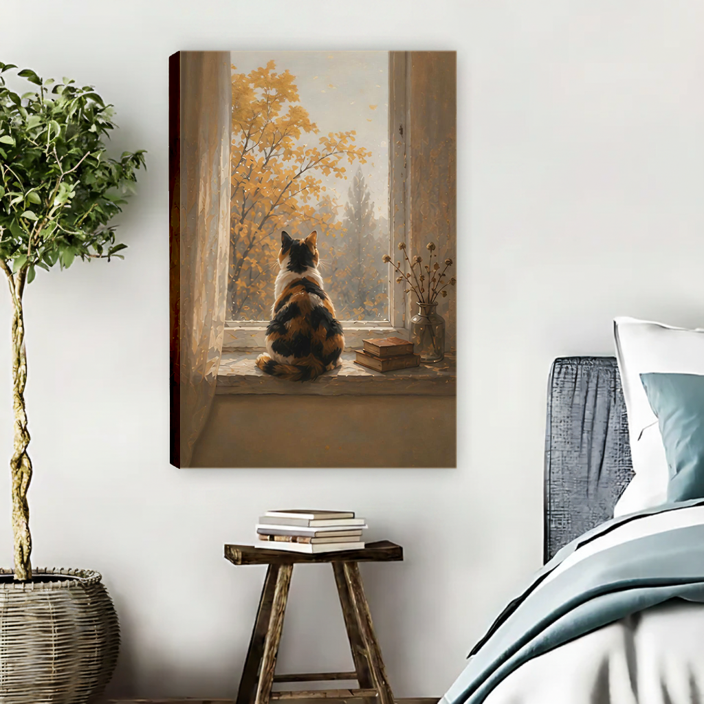 Gallery wrap autumn cat canvas print displayed in cozy bedroom beside wooden stool and plant