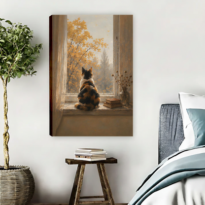 Gallery wrap autumn cat canvas print displayed in cozy bedroom beside wooden stool and plant