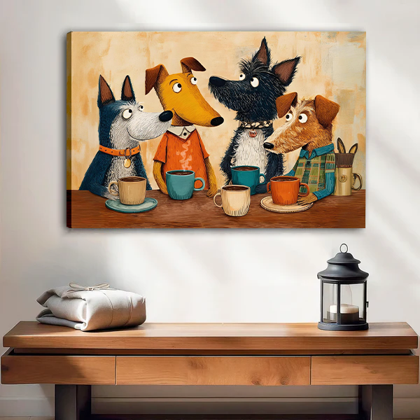 Funny cartoon dogs sharing coffee canvas wall art print whimsical animal painting