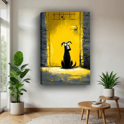 Frameless canvas funny black dog at yellow door street art print displayed in a modern living room, quirky pop art wall decor