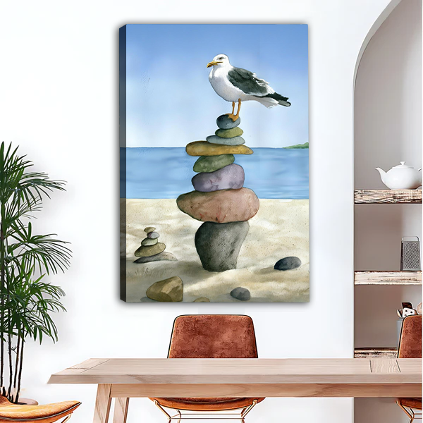 Seagull balanced stones canvas art print, unframed watercolor coastal wall decor for dining room