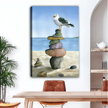 Seagull balanced stones canvas art print, unframed watercolor coastal wall decor for dining room