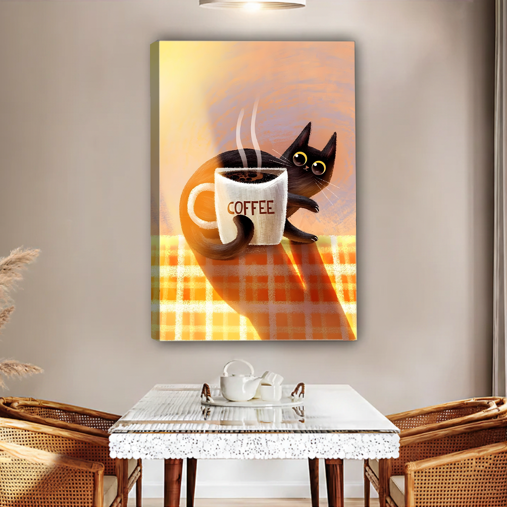 Black cat hugging steaming coffee cup cozy orange plaid illustration gallery wrap canvas wall art without frame in warm dining room setting