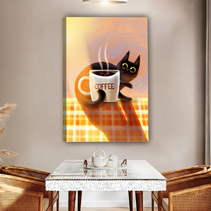 Black cat hugging steaming coffee cup cozy orange plaid illustration gallery wrap canvas wall art without frame in warm dining room setting