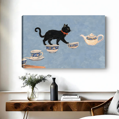 Canvas black cat vintage teacup wall art print on white wall living room decor