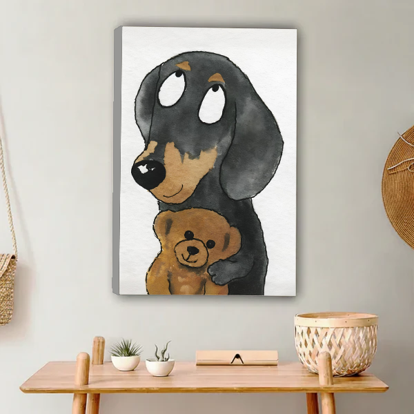 Dachshund hugging teddy bear whimsical watercolor illustration gallery wrap canvas wall art above wooden desk in neutral room