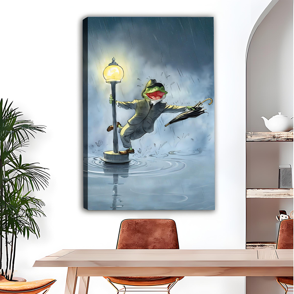 Dancing frog in the rain retro canvas art print – frameless funny vintage wall decor in minimalist dining room with greenery
