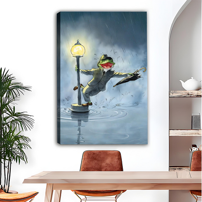 Dancing frog in the rain retro canvas art print – frameless funny vintage wall decor in minimalist dining room with greenery