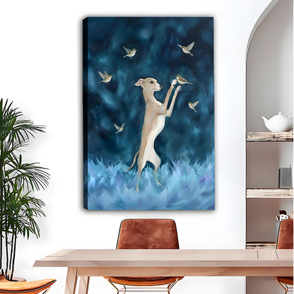 Dreamy greyhound with birds fantasy canvas art print – frameless oil painting magical dog wall decor in minimalist dining room with greenery