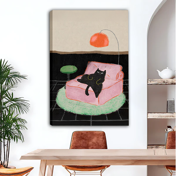 Whimsical black cat on pink armchair canvas art print in dining room
