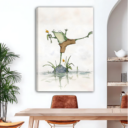 Woman holding dancing frog watercolor framed wall art print — whimsical animal decor