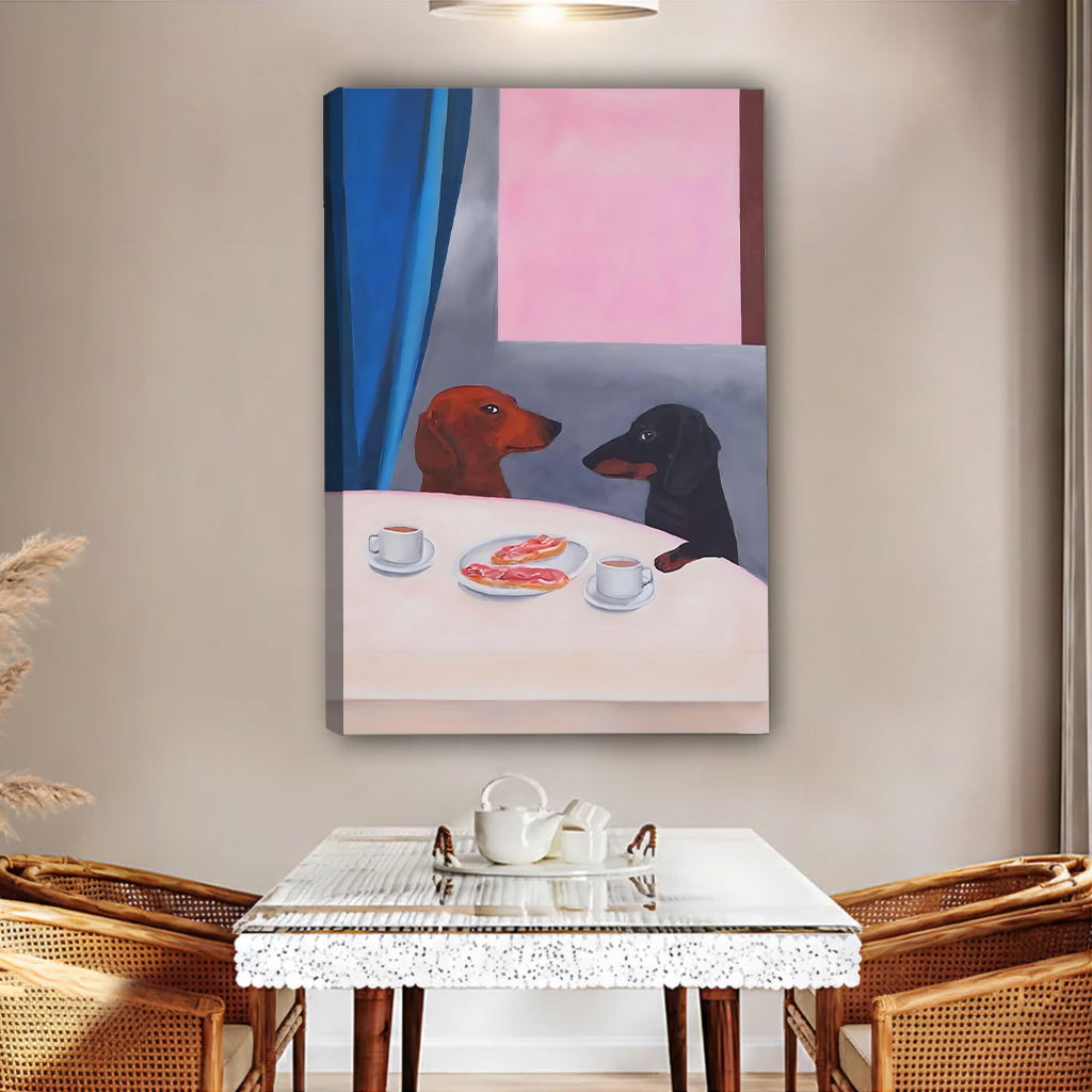 Two dachshunds sharing coffee and donuts gallery wrap canvas art without frame displayed above glass dining table in warm room