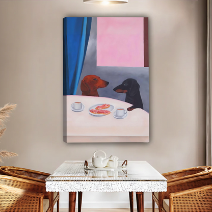 Two dachshunds sharing coffee and donuts gallery wrap canvas art without frame displayed above glass dining table in warm room