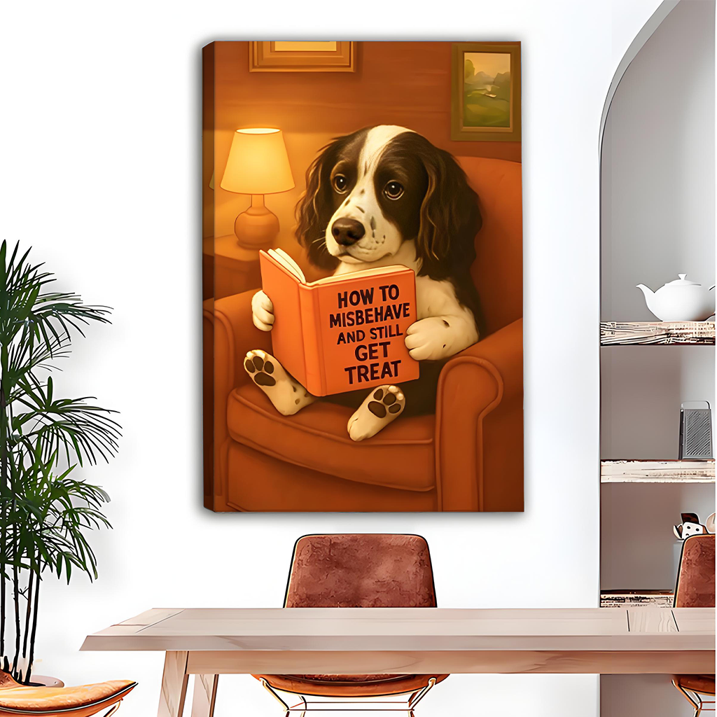 Vintage reading dog canvas wall art with spaniel on red armchair displayed in warm contemporary dining room