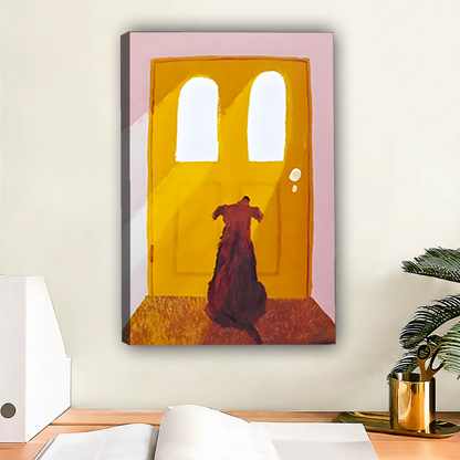 Dog at yellow door gallery wrap canvas art with pink wall oil painting style leaning on white wall above wooden desk